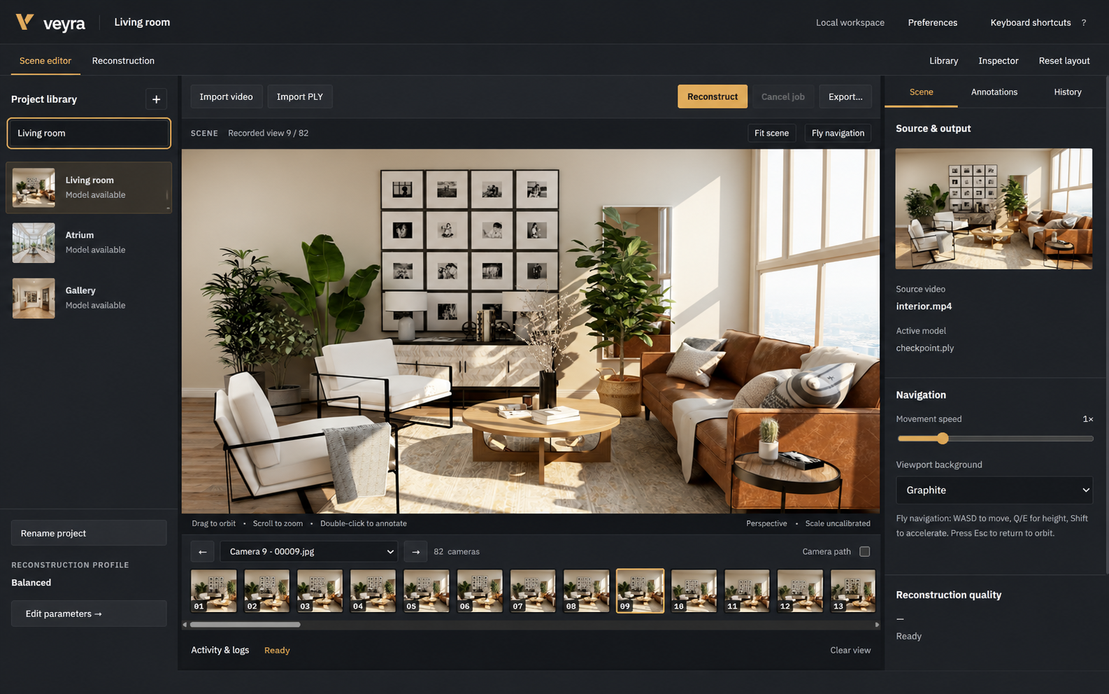Veyra interface illustration with a stock living-room image